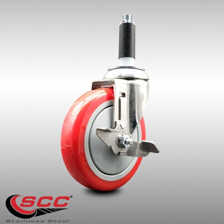 Service Caster 5 Inch 316SS Red Polyurethane Swivel 7/8 Inch Expanding Stem Caster Brake SCC-SS316EX20S514-PPUB-RED-TLB-78